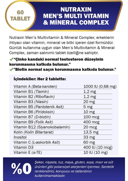 Men's MultiVitamin Complex 60 Tablet x 2 Adet