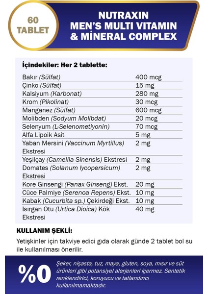 Men's MultiVitamin Complex 60 Tablet x 2 Adet