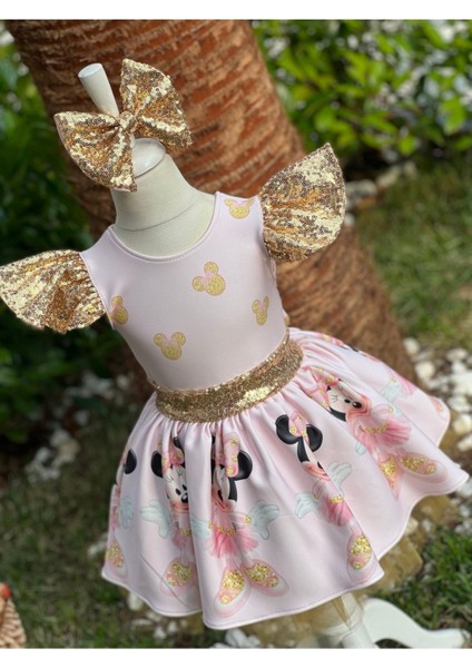 Kız Çocuk Minnie Mouse (Miki Mouse) Desenli Gold Payet Detaylı Tüllü Elbise