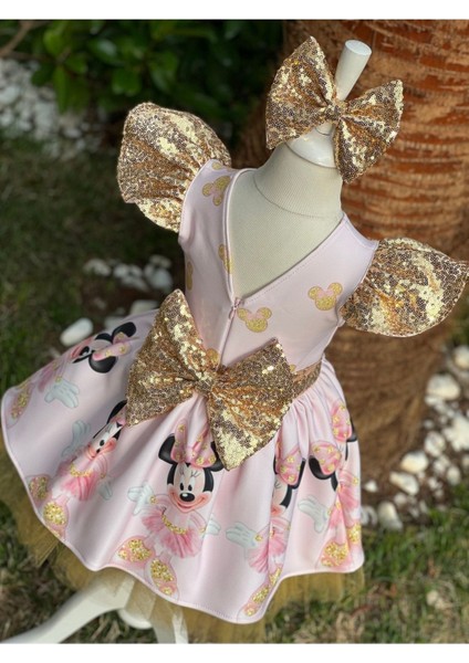 Kız Çocuk Minnie Mouse (Miki Mouse) Desenli Gold Payet Detaylı Tüllü Elbise fiyatları