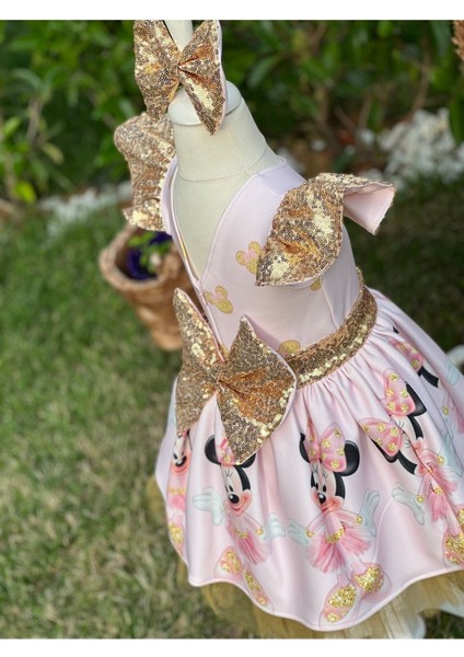 Kız Çocuk Minnie Mouse (Miki Mouse) Desenli Gold Payet Detaylı Tüllü Elbise modelleri