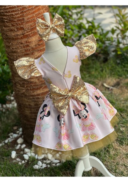 Kız Çocuk Minnie Mouse (Miki Mouse) Desenli Gold Payet Detaylı Tüllü Elbise fırsatları
