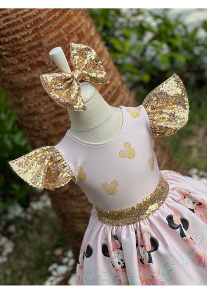 Kız Çocuk Minnie Mouse (Miki Mouse) Desenli Gold Payet Detaylı Tüllü Elbise indirimleri