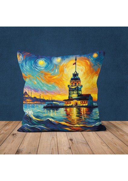Van Gogh & Kız Kulesi Çift Taraflı Kırlent Kılıfı 2 Adet