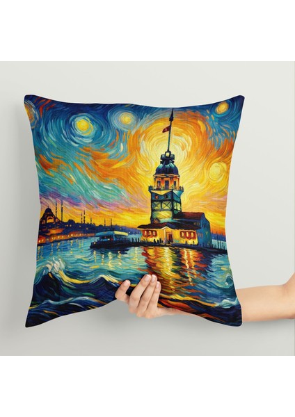Van Gogh & Kız Kulesi Çift Taraflı Kırlent Kılıfı 2 Adet