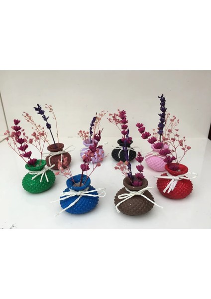 Dekoratif 8’li Set Renkli Boyalı Mini Tombik Saksılı Lavantalı Kahve Yanı Sunumluk