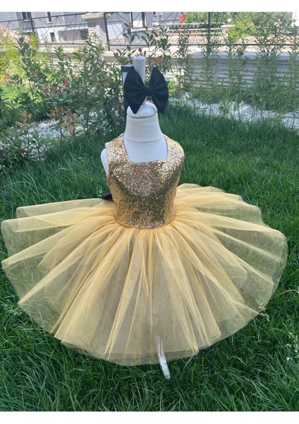 Kız Çocuk Gold Payet Detaylı Tüllü Kabarık Abiye Elbise