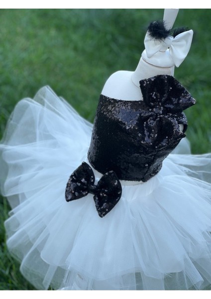 Kız Çocuk Beyaz Kabarık Tütü Etekli Siyah Payet Crop Bluz Takım