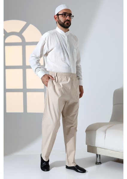 Erkek Rahat Kesim Beli Lastikli Cepli Hac ve Umre Keten Şalvar Pantolon - Bej (Krk) fiyatları