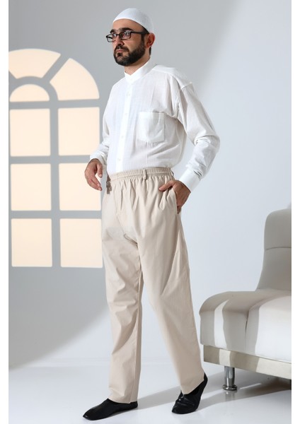 Erkek Rahat Kesim Beli Lastikli Cepli Hac ve Umre Keten Şalvar Pantolon - Bej (Krk) modelleri