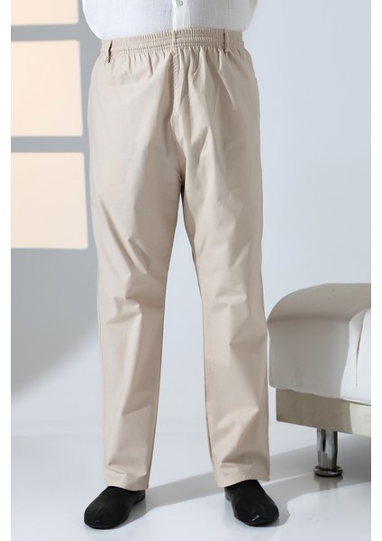 Erkek Rahat Kesim Beli Lastikli Cepli Hac ve Umre Keten Şalvar Pantolon - Bej (Krk) fırsatları