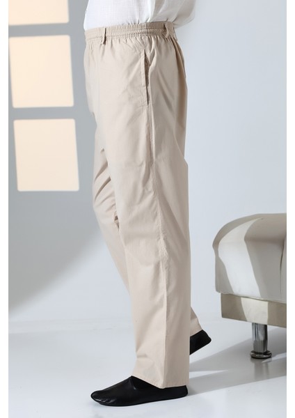 Erkek Rahat Kesim Beli Lastikli Cepli Hac ve Umre Keten Şalvar Pantolon - Bej (Krk) indirimleri