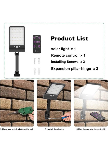 36 Ledli Solar Güneş Enerjili 3 Modlu Uzaktan Kumandalı Hareket Sensörlü Bahçe Aydınlatma Lambası fiyatları