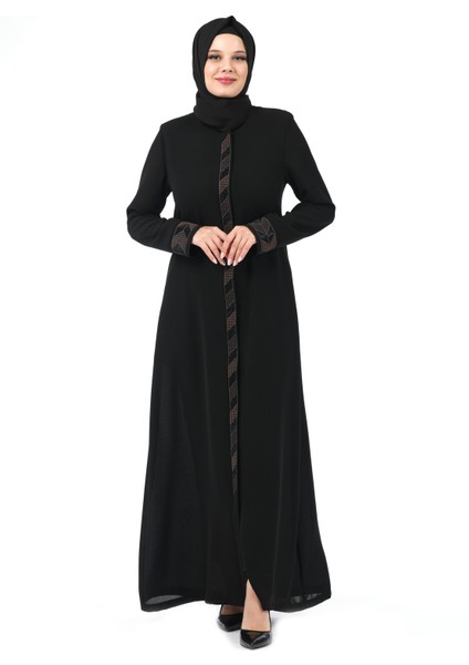 Siyah Gizli Fermuarlı Nakış Detaylı Petek Kumaş Ferace 24380