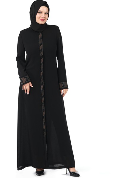 Siyah Gizli Fermuarlı Nakış Detaylı Petek Kumaş Ferace 24380 fiyatları
