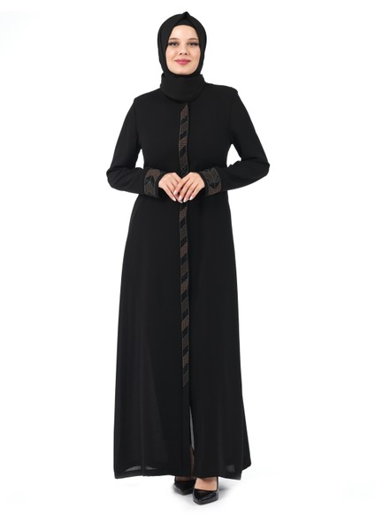 Siyah Gizli Fermuarlı Nakış Detaylı Petek Kumaş Ferace 24380 modelleri