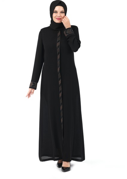Siyah Gizli Fermuarlı Nakış Detaylı Petek Kumaş Ferace 24380 fırsatları