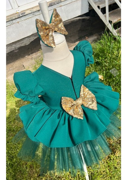 Kız Çocuk Yeşil Kabarık Abiye Elbise Gold Payet Detaylı fiyatları