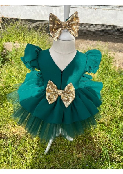 Kız Çocuk Yeşil Kabarık Abiye Elbise Gold Payet Detaylı modelleri