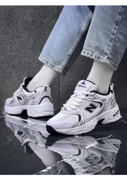 Kadın HMR053 Bağcıklı Ortopedik Spor Sneaker Ayakkabı Beyaz- Siyah
