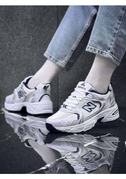 Kadın HMR053 Bağcıklı Ortopedik Spor Sneaker Ayakkabı Beyaz- Lacivert