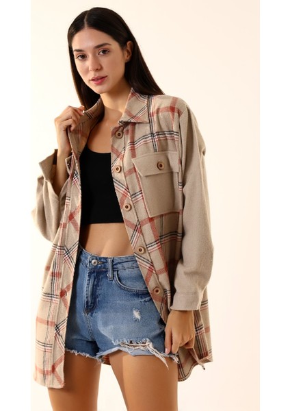 Kadın Kiremit Kahve Ekose Oversize Oduncu Gömlek