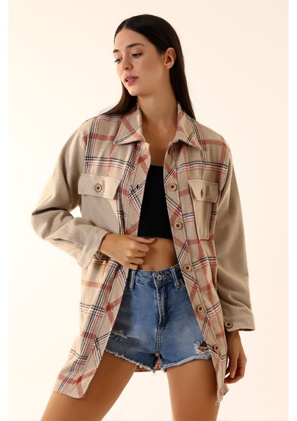 Kadın Kiremit Kahve Ekose Oversize Oduncu Gömlek modelleri