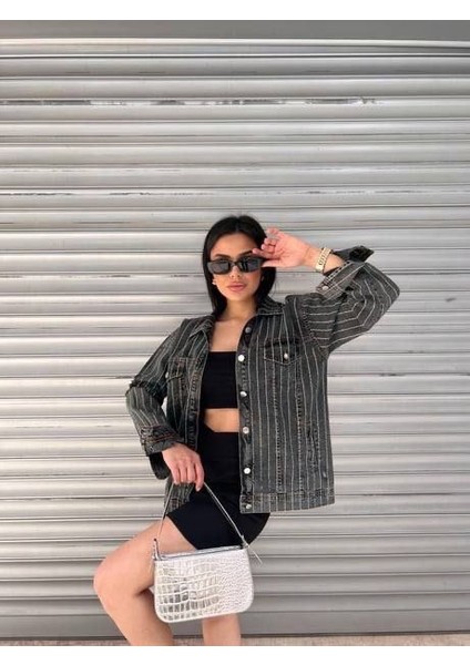 Yeni Sezon Tasarımpremium Taşlı Kol Detay Denim Ceket Gri