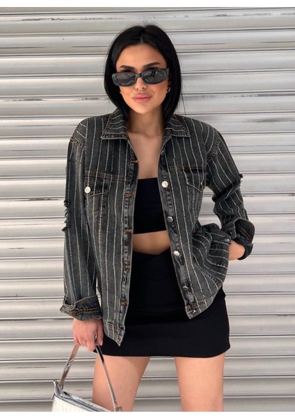 Yeni Sezon Tasarımpremium Taşlı Kol Detay Denim Ceket Gri fiyatları