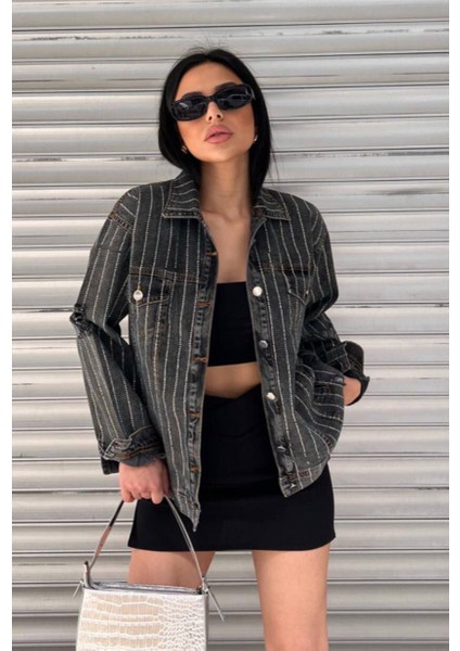 Yeni Sezon Tasarımpremium Taşlı Kol Detay Denim Ceket Gri modelleri