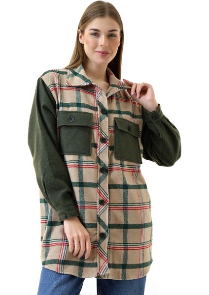 Kadın Kahve Haki Ekose Oversize Oduncu Gömlek