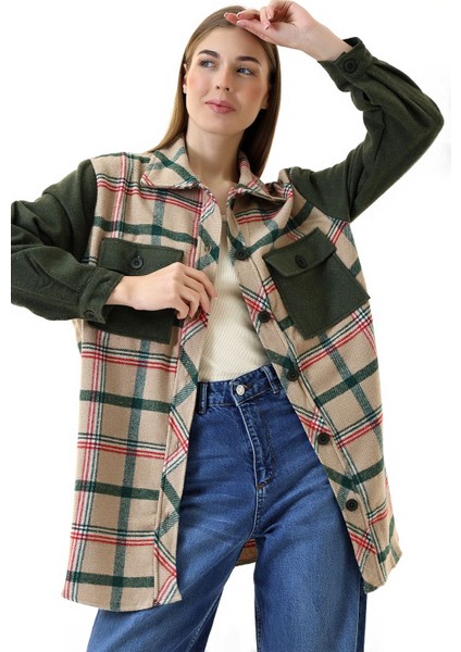 Kadın Kahve Haki Ekose Oversize Oduncu Gömlek modelleri