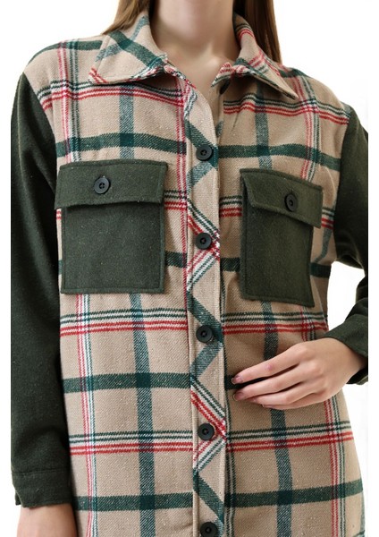 Kadın Kahve Haki Ekose Oversize Oduncu Gömlek fırsatları