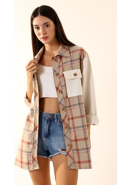 Kadın Kahve Ekru Ekose Oversize Oduncu Gömlek