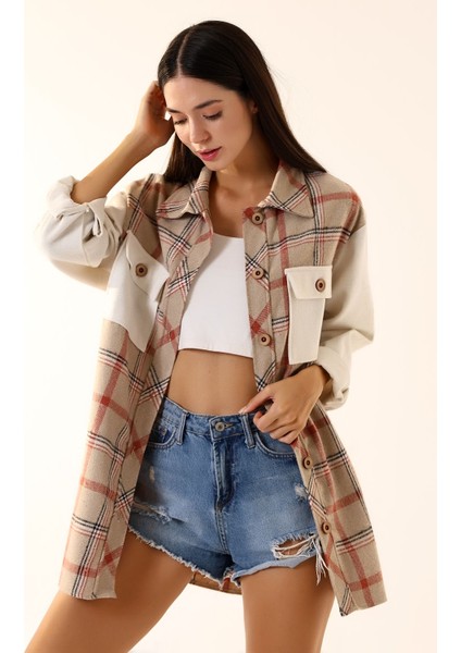 Kadın Kahve Ekru Ekose Oversize Oduncu Gömlek