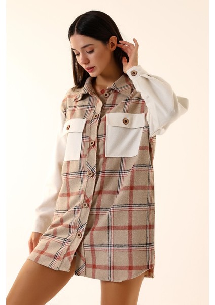 Kadın Kahve Ekru Ekose Oversize Oduncu Gömlek