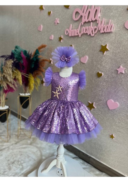 Lila Pul Payet Kabarık Tüllü Kız Çocuk Deniz Kızı Elbise modelleri