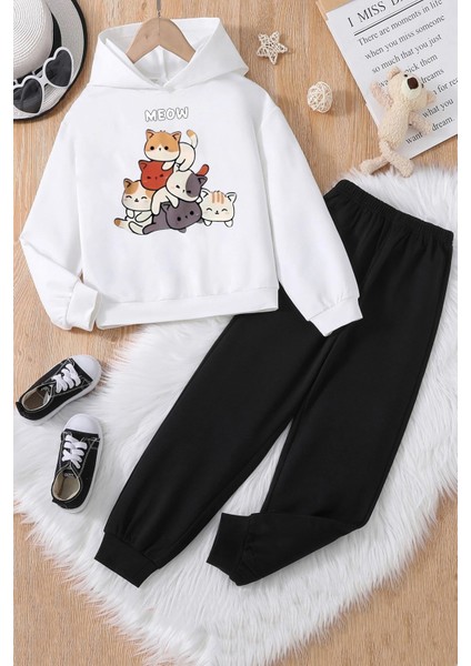 Uygun Tarz Meow Kediler Baskılı Çocuk Rahat Eşofman Takımı