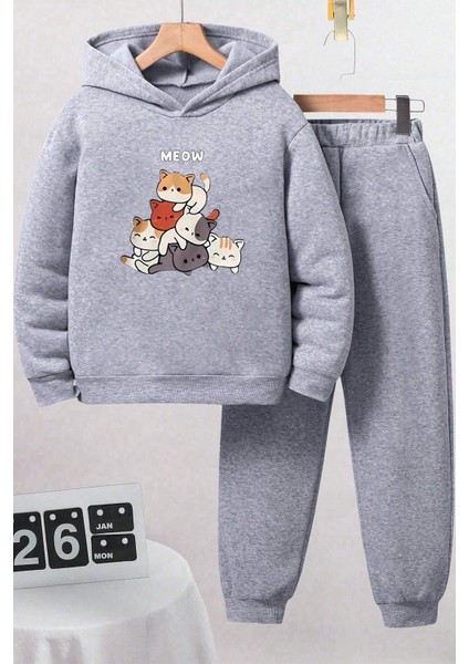 Uygun Tarz Meow Kediler Baskılı Çocuk Rahat Eşofman Takımı