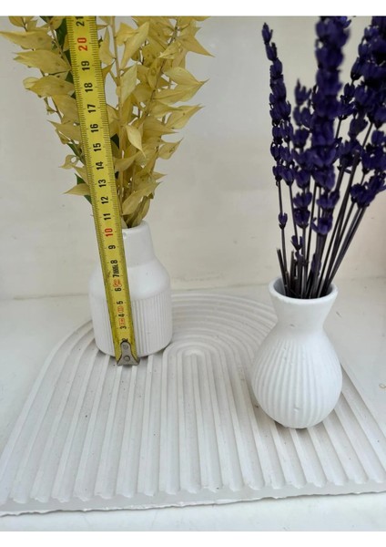 U Şeklinde Gökkuşağı Model Dekoratif Sunum Tepsisi, Beyaz Çizgili Beton Tepsi ve 2'li Minik Vazo