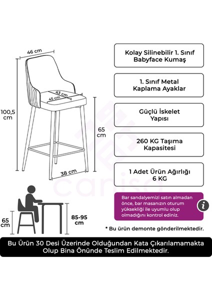 Tera Serisi 1 Adet Babyface Kumaş 65 cm Gold Kaplama Ayaklı Bar Sandalyesi