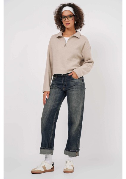 Kadın Bej Yakası Fermuarlı Örme Sweatshirt HZL25W-BD1554491