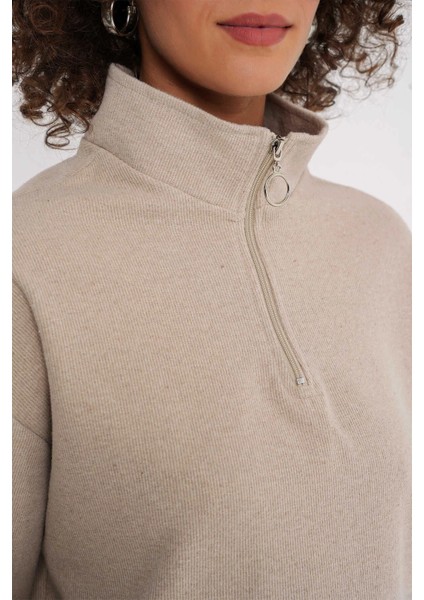 Kadın Bej Yakası Fermuarlı Örme Sweatshirt HZL25W-BD1554491