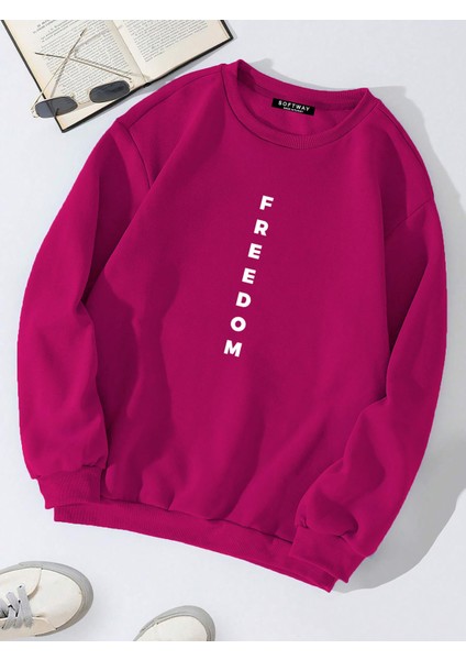 Oversize Bisiklet Yaka Basic Freedom Baskılı Sweatshirt - Fuşya