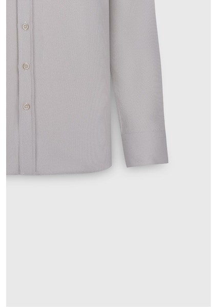 Pamuklu Slim Fit Dar Kesim Düğmeli Yaka Armürlü Bej Gömlek modelleri