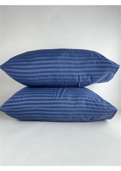 Çizgili Saten Indigo Mavi 2 Adet 50X70 Yastık Kılıfı