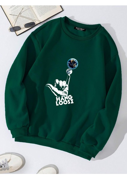 Oversize Bisiklet Yaka Basic Hang Loose Baskılı Sweatshirt - Koyu Yeşil