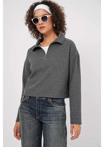 Kadın Antrasit Yakası Fermuarlı Örme Sweatshirt HZL25W-BD1554491