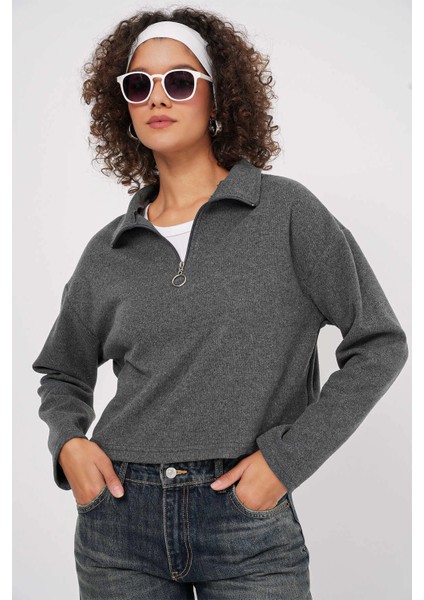 Kadın Antrasit Yakası Fermuarlı Örme Sweatshirt HZL25W-BD1554491