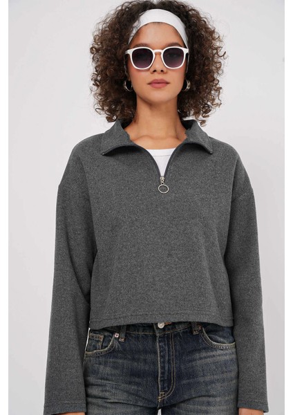 Kadın Antrasit Yakası Fermuarlı Örme Sweatshirt HZL25W-BD1554491